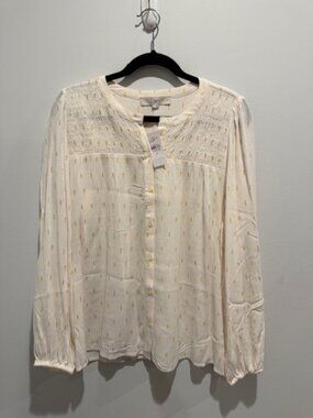 LOFT Blouse w/Metallic Gold Accents, Smocking Details - Size M